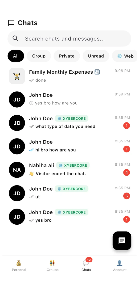 Mobile inbox listing website visitor chats with unread counts