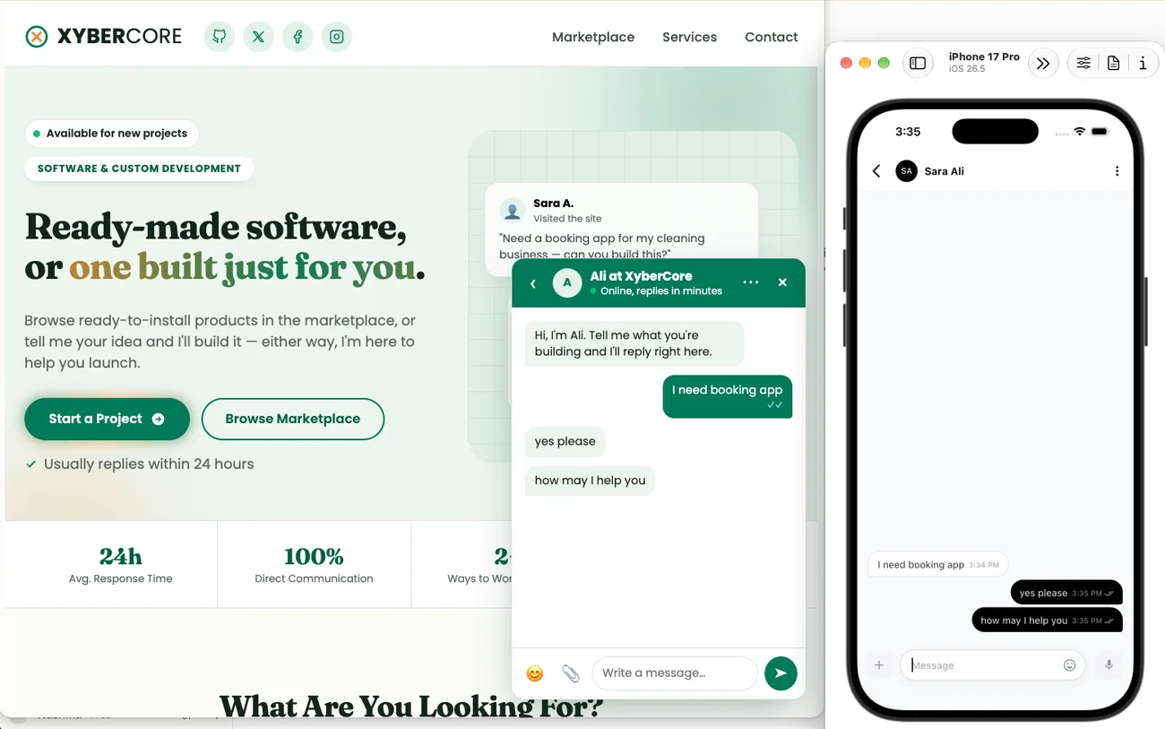 Visitor sends a message in the website widget and the owner replies live, with both messages visible in the phone inbox